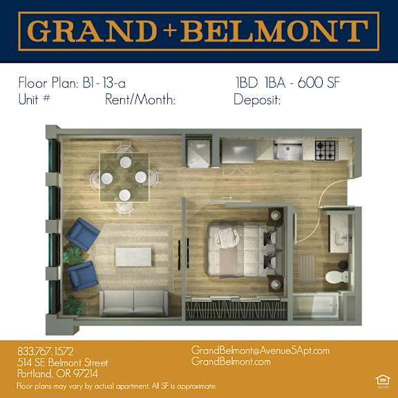 A floor plan for a Grand Belmont apartment is displayed, showing a living room, kitchen, and bedroom.