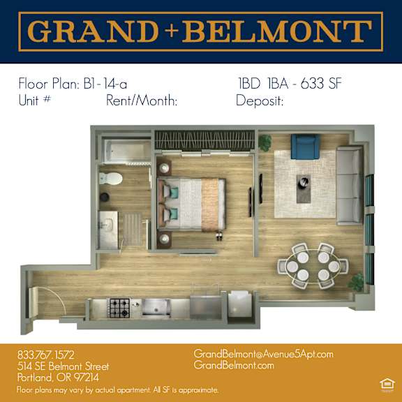 A floor plan for a Grand Belmont apartment is displayed.
