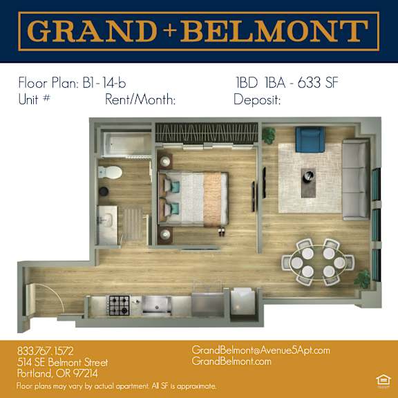 A floor plan for a Grand Belmont apartment shows a living room, kitchen, and two bedrooms.