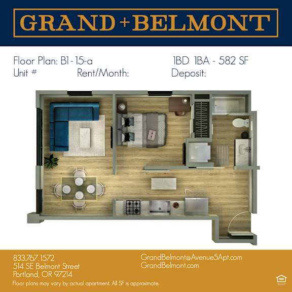 A floor plan for an apartment at Grand Belmont showing a living room, kitchen, and two bedrooms.