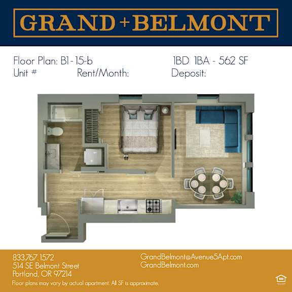 A floor plan for a Grand and Belmont apartment is displayed.