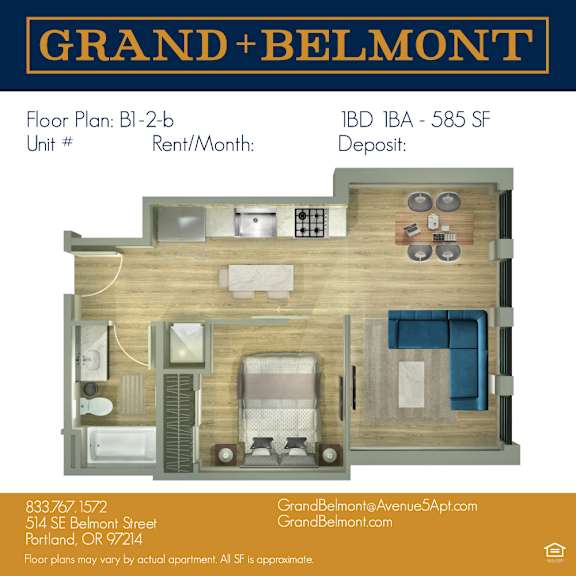 A floor plan for a Grand Belmont apartment is displayed.