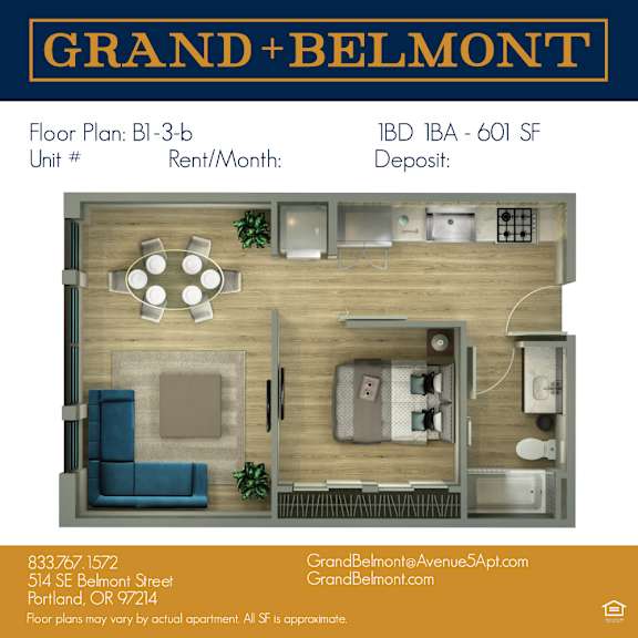Apartment floor plan for Grand Belmont apartments.