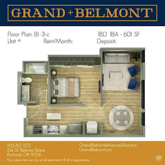 A floor plan for Grand Belmont apartment is displayed with various rooms and furniture.
