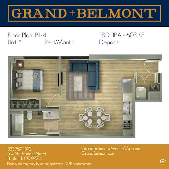 A floor plan for a Grand and Belmont apartment is displayed.