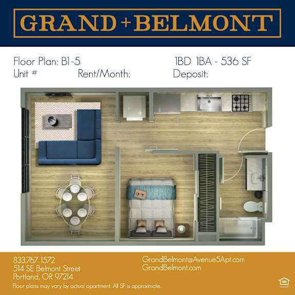Apartment floor plan for Grand Belmont apartments.