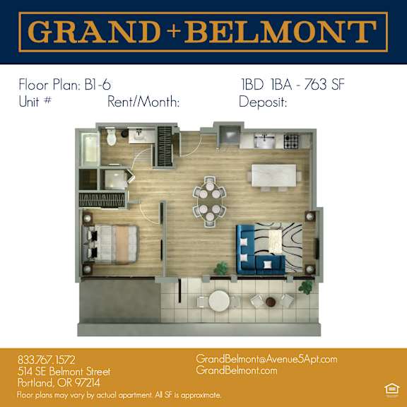 A floor plan for a Grand and Belmont apartment is displayed.