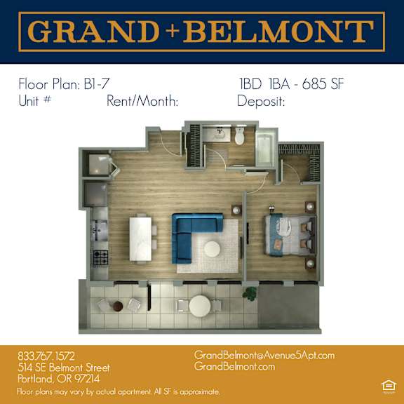 A floor plan for an apartment at Grand Belmont showing a living room, kitchen, and two bedrooms.
