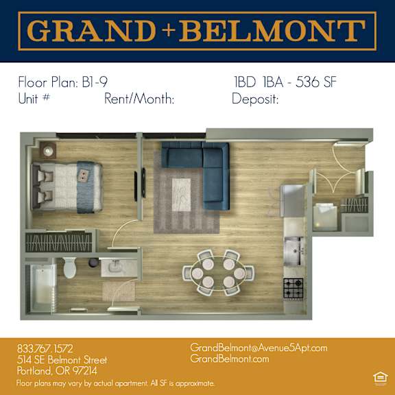 A floor plan for an apartment at Grand Belmont showing a living room, kitchen, and bathroom.