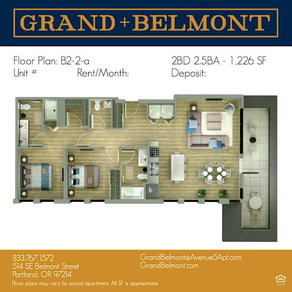 A floor plan for a Grand Belmont apartment is displayed, showing a layout with two bedrooms, two bathrooms, and a living area.