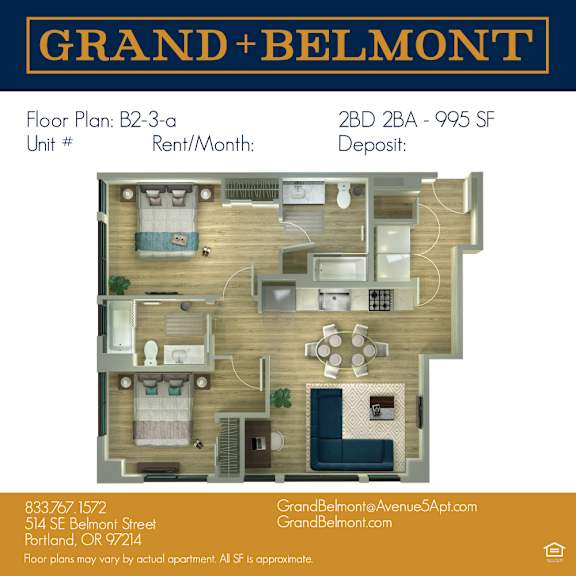 A floor plan for a Grand Belmont apartment is displayed, showing a layout with two bedrooms, two bathrooms, and a living area.