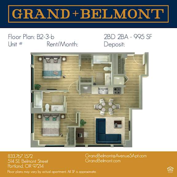 A floor plan for a Grand Belmont apartment shows a living room, two bedrooms, a kitchen, and a bathroom.