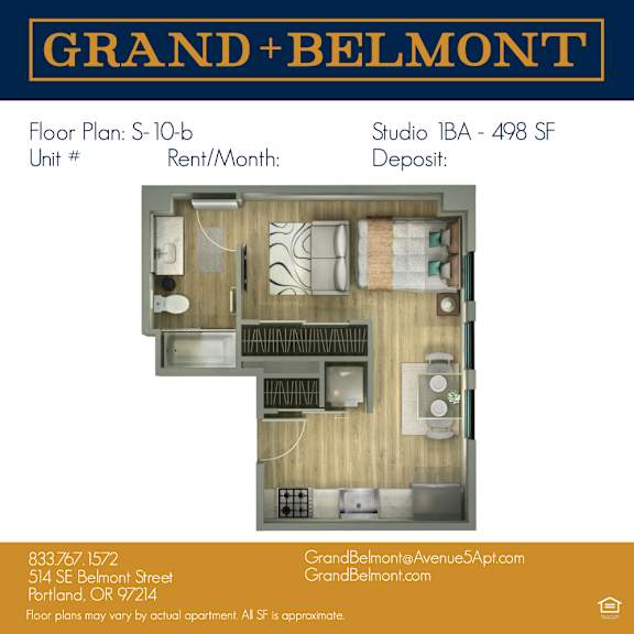 A floor plan for a Grand Belmont apartment is displayed.
