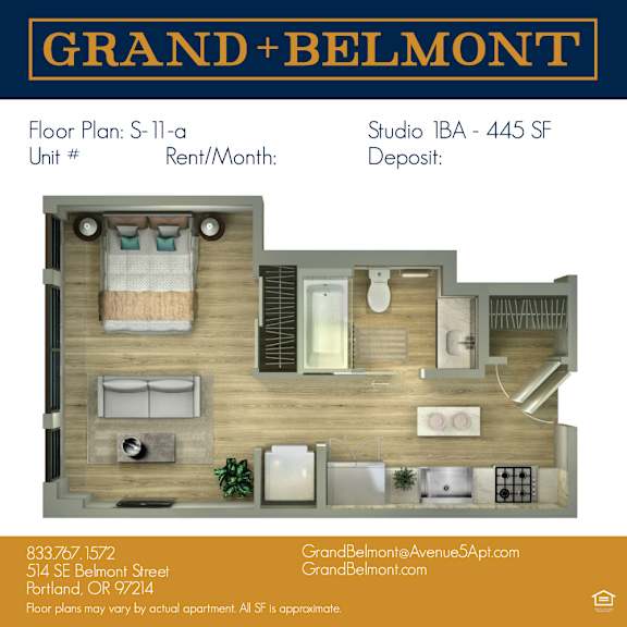 A floor plan for a Grand and Belmont apartment is displayed.