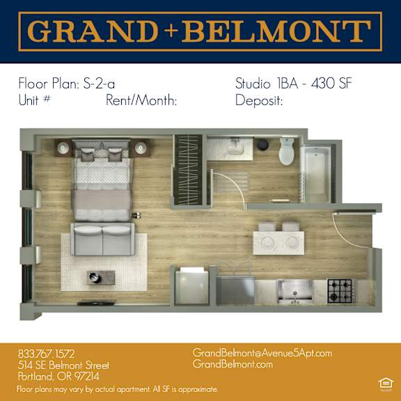 A floor plan for a Grand Belmont apartment is displayed, showing a bedroom, living room, and kitchen area.