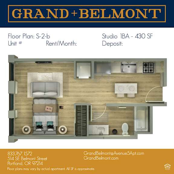 Apartment floor plan for Grand Belmont apartments.