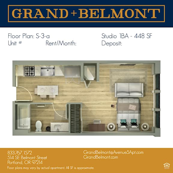 A floor plan for a Grand Belmont apartment is displayed, showing a bedroom, living room, and kitchen area.