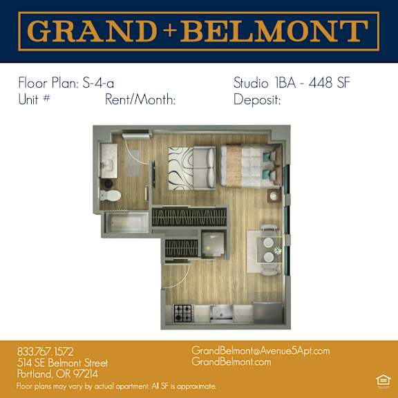 A floor plan for a Grand Belmont apartment is displayed, showing a studio apartment with a kitchen, living room, and bathroom.