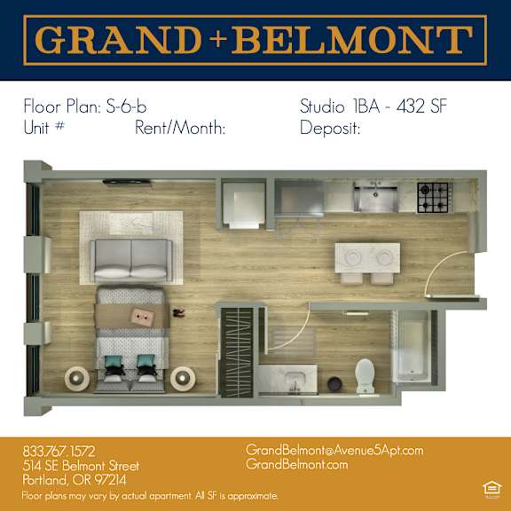 Apartment floor plan for Grand Belmont apartments.