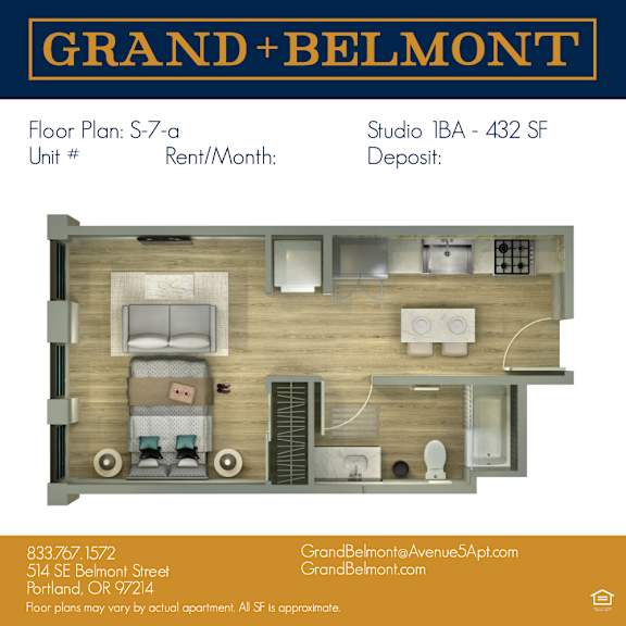 A floor plan for a Grand Belmont apartment is displayed, showing a studio apartment with a bed, desk, and kitchenette.