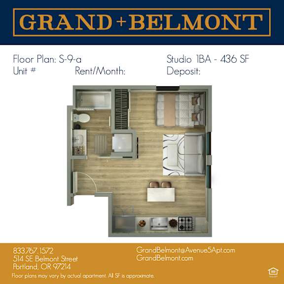 A floor plan for a Grand Belmont apartment is displayed.