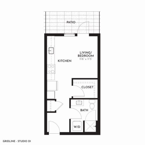 Gridline Apartments Studio D with Patio Floor Plan