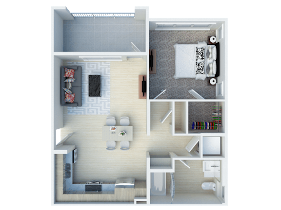 A top-down view of a small apartment with a living room, kitchen, and bedroom.