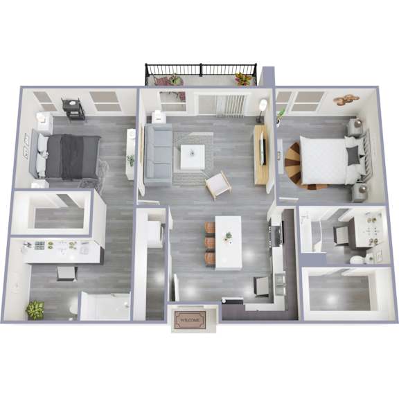 A top-down view of a modern apartment layout with a living room, kitchen, and dining area.