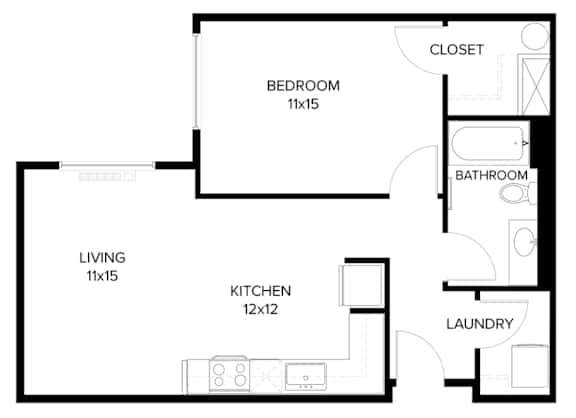 A floor plan of a house with a bedroom, living room, kitchen, bathroom, and laundry.