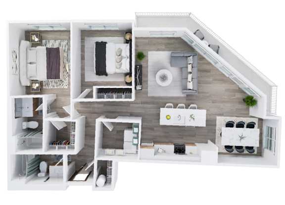 A top-down view of a modern apartment layout with a living room, kitchen, and bedrooms.