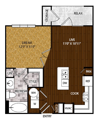 A floor plan of a house with a living room, kitchen, and bathroom.
