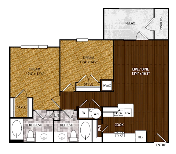 A floor plan of a house with a living room, dining room, kitchen, and bathrooms.