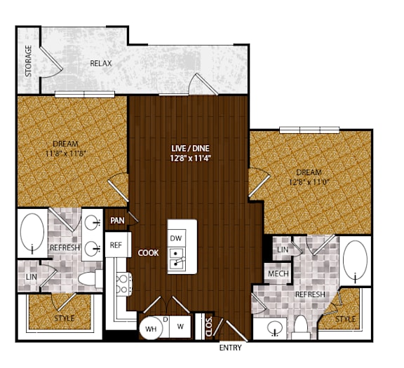 A floor plan of a house with a living room, dining room, kitchen, and two bedrooms.