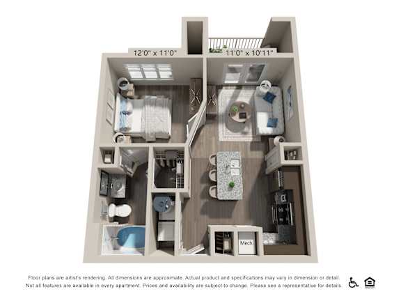 A floor plan of an apartment with two bedrooms, a living room, a kitchen, and a bathroom.