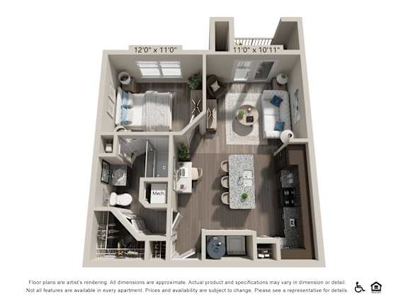A floor plan of an apartment with a kitchen, living room, and bathroom.