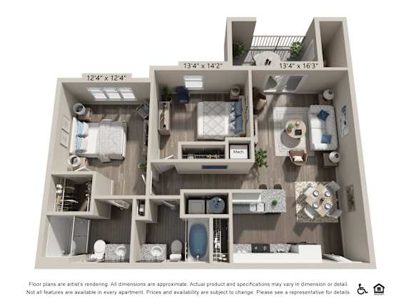 A 3D floor plan of an apartment showing a kitchen, living room, and bathroom.