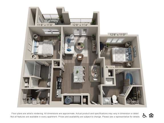 A 3D floor plan of an apartment with dimensions and notes below.