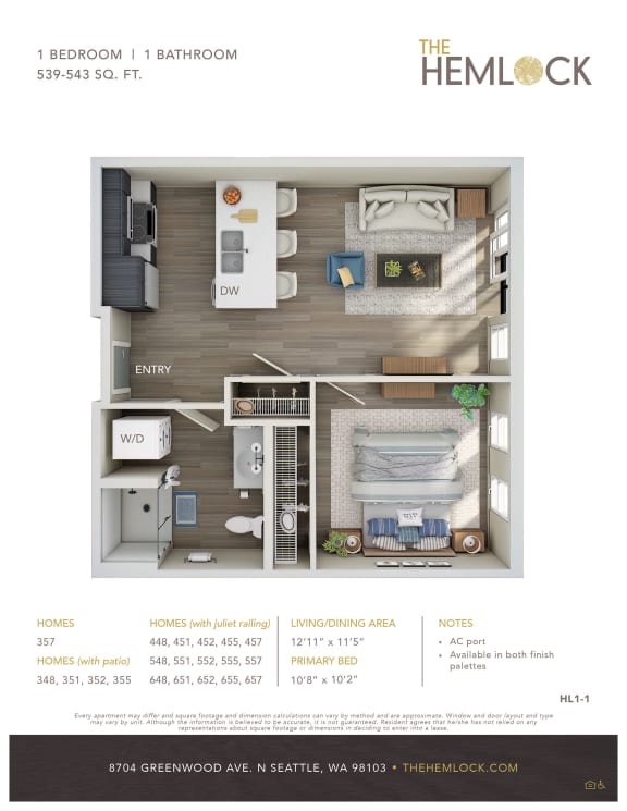 The Hemlock Apartments 1 Bed 1 Bath 1A-1C Floor Plan at The Hemlock, Washington