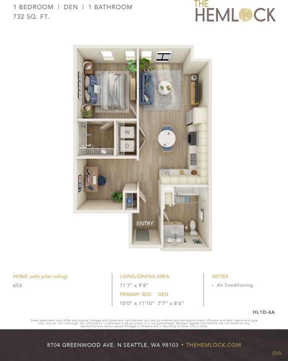 The Hemlock Apartments 1 Bed 1 Bath w Den 6-6A with juliet railing Floor Plan at The Hemlock, Washington, 98103