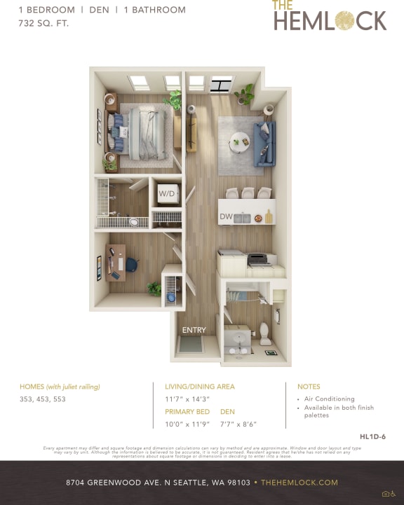 The Hemlock Apartments 1 Bed 1 Bath w Den 6-6A Floor Plan at The Hemlock, Seattle, Washington