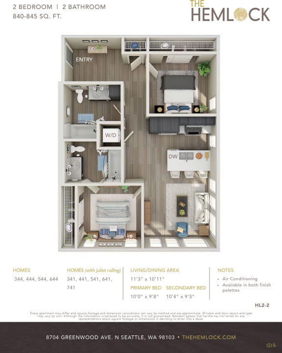 The Hemlock Apartments 2 Bed 2 Bath 2A-2C Floor Plan at The Hemlock, Seattle