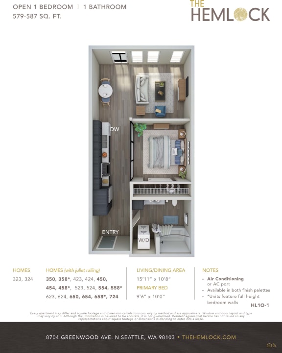 The Hemlock Apartments Open 1 Bed 1 Bath 1A-1C Floor Plan at The Hemlock, Seattle, 98103