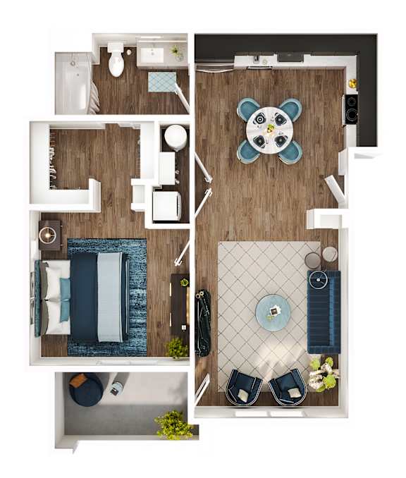 A top down view of a small apartment with a kitchen, living room, and bedroom.