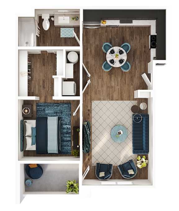A top-down view of a modern apartment layout with a living area, kitchen, and bedroom.