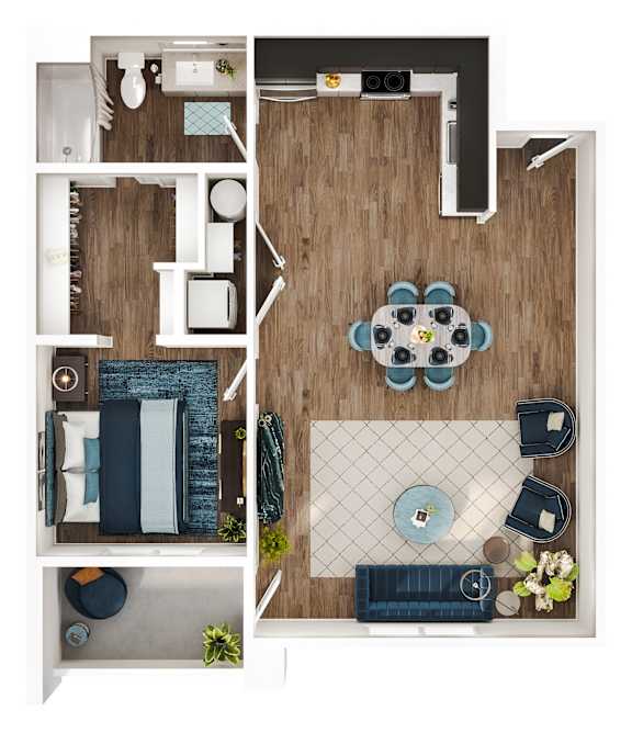 A top-down view of a modern apartment layout with a kitchen, living room, and bathroom.