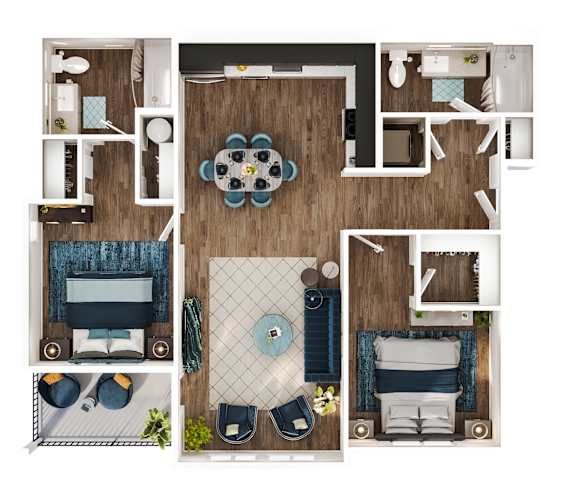 A top down view of a living room, kitchen, and dining area.