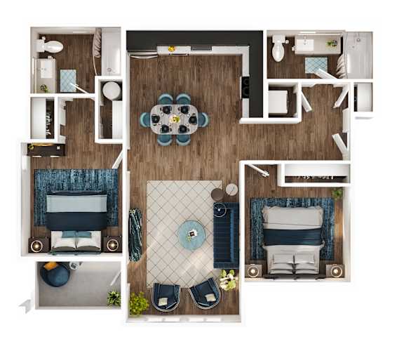 A top down view of a modern apartment with a living room, kitchen, and bedroom.