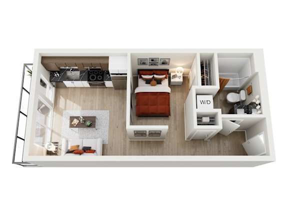 A top-down view of a modern studio apartment home at ION Queen Anne with a living room, kitchen, and bathroom.