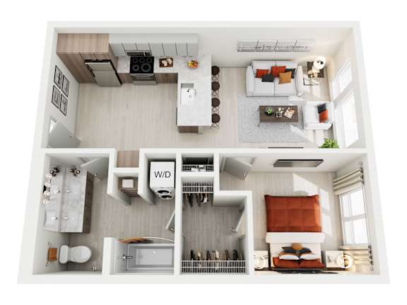 A top-down view of a modern apartment home at ION Queen Anne with bedroom, living room, kitchen, bathroom, and closet