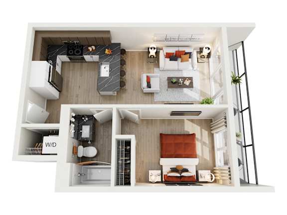 A top-down view of a modern apartment layout.